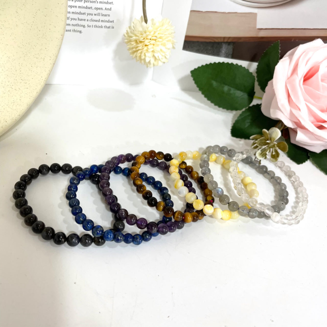 7PCS Crystal Bracelets Set Clear Quartz Labradorite Shell Stone Yellow Tiger Eyes Dark Amethyst Lapis Lazuli Iolite From IG Crystal