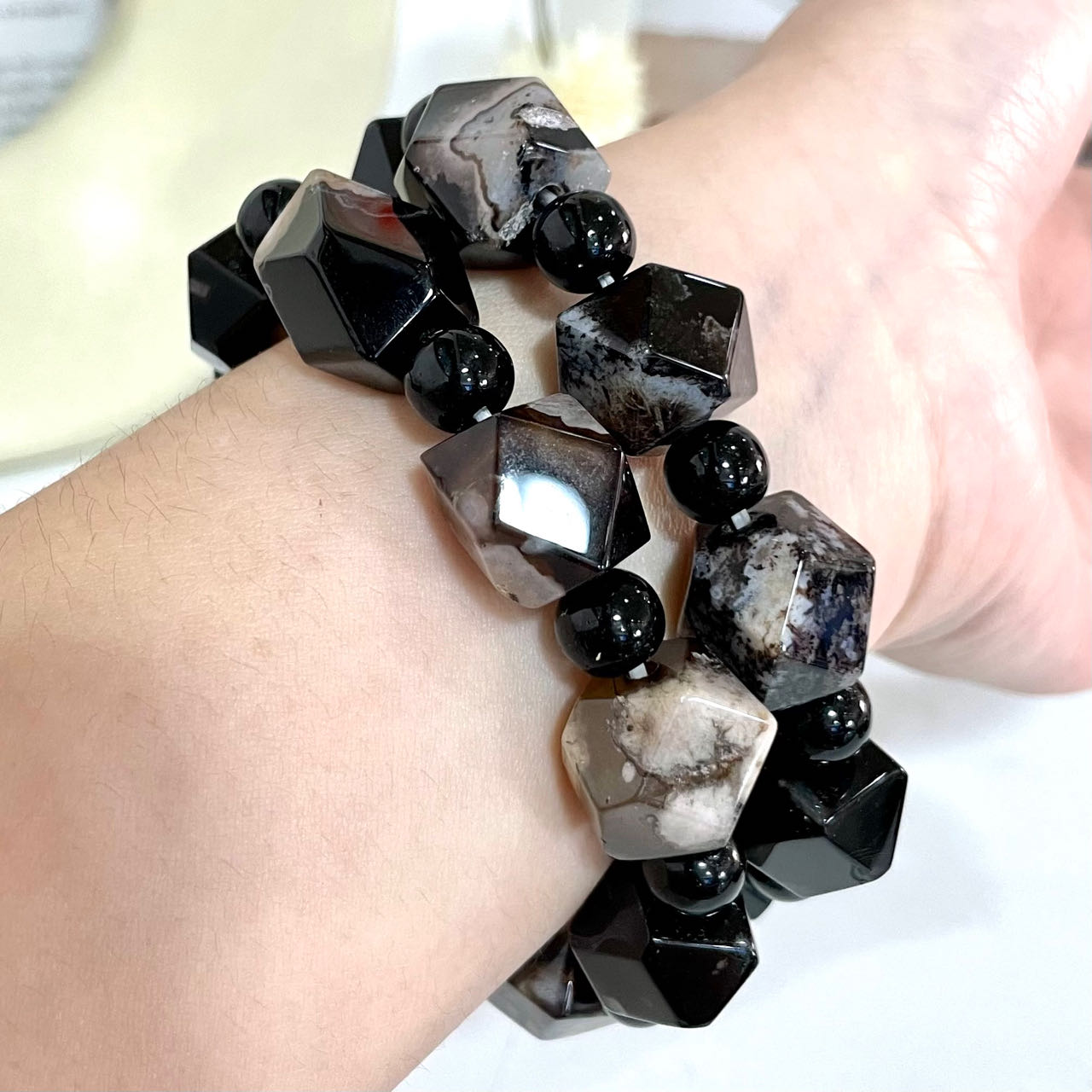 2 Counts Black Flower Agate Bracelet Set Energy Healing Crystals Jewelry for Women DIY Bracelet From IG Crystal