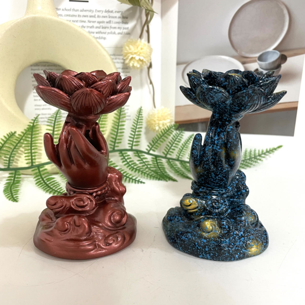 2PCS Buddha Hand Lotus Stand Rosiness Blue Healing Stone Home Decoration For Crystal Ball From IG Crystal