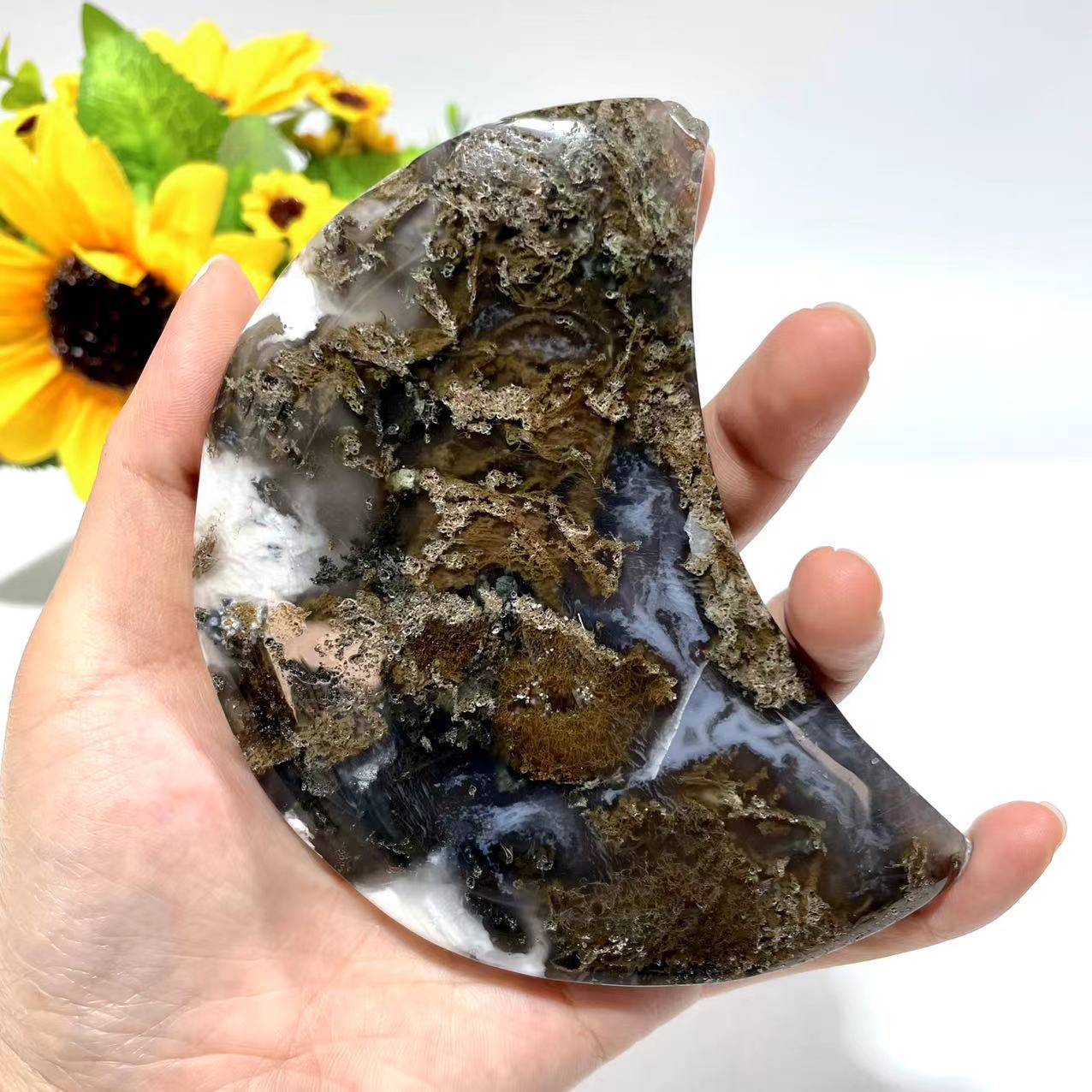 Moss Agate Moon Shape Crystal Natural Stone Gem Mining Chakra Balancing Reiki Healing Crystal Mystery Crystal Display Crystal Shopping Online Home Office Decor From IG Crystal