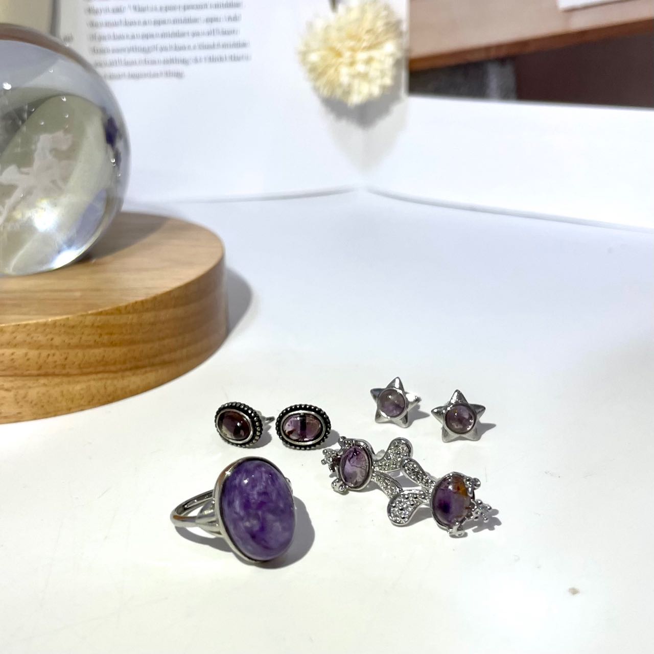 Crystal Necklace Ring Earrings Set Amethyst Clear Quartz Rose Quartz Charoite From IG Crystal