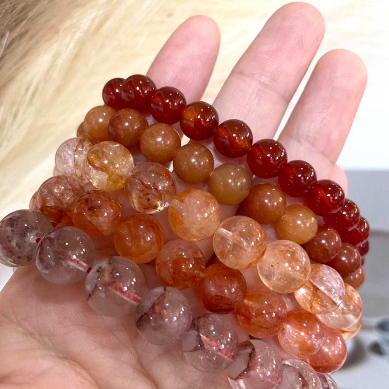 5PCS Red Crystal Bracelets Set Morganite Citrine Cooper Rutile Fire Quartz Red Pyramid From IG Crystal