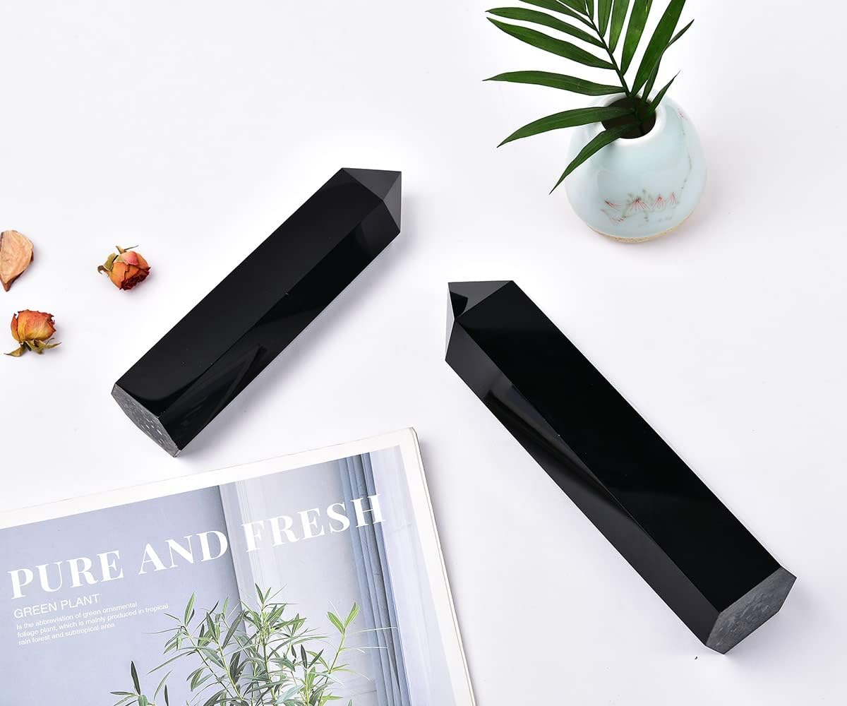 Stochastic 1PCS Large Black Obsidian Crystal Tower Natural Healing Crystal Point Wand Obelisk 6 Faceted Reiki Chakra Meditation Therapy Home Decor Gift From IG Crystal