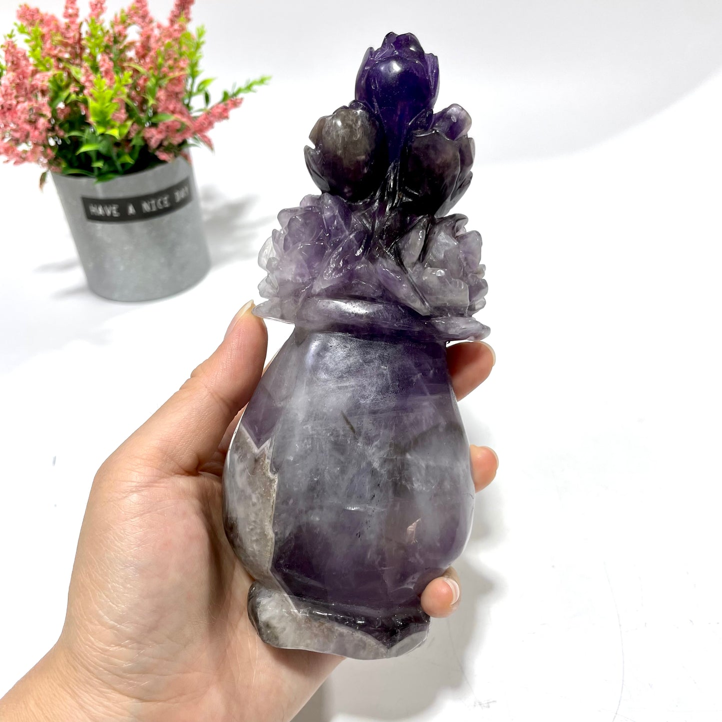 1 Count Amethyst Vase Flower Crystal Carving Healing Stones Natural Stone Chakra Balancing Reiki Home Office Decor From IG Crystal