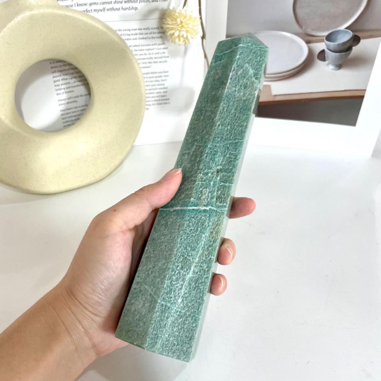 Natural Green Moonstone 6 Faceted Wand Palm Stone Minerals Specimen Reiki Healing Crystal Home Decoration From IG Crystal