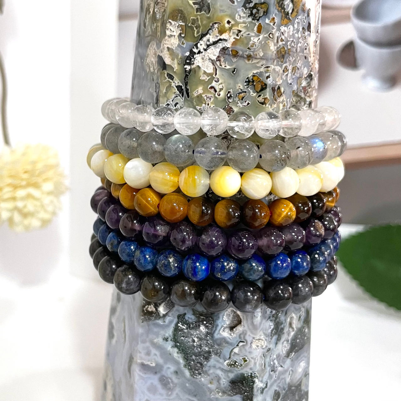 7PCS Crystal Bracelets Set Clear Quartz Labradorite Shell Stone Yellow Tiger Eyes Dark Amethyst Lapis Lazuli Iolite From IG Crystal