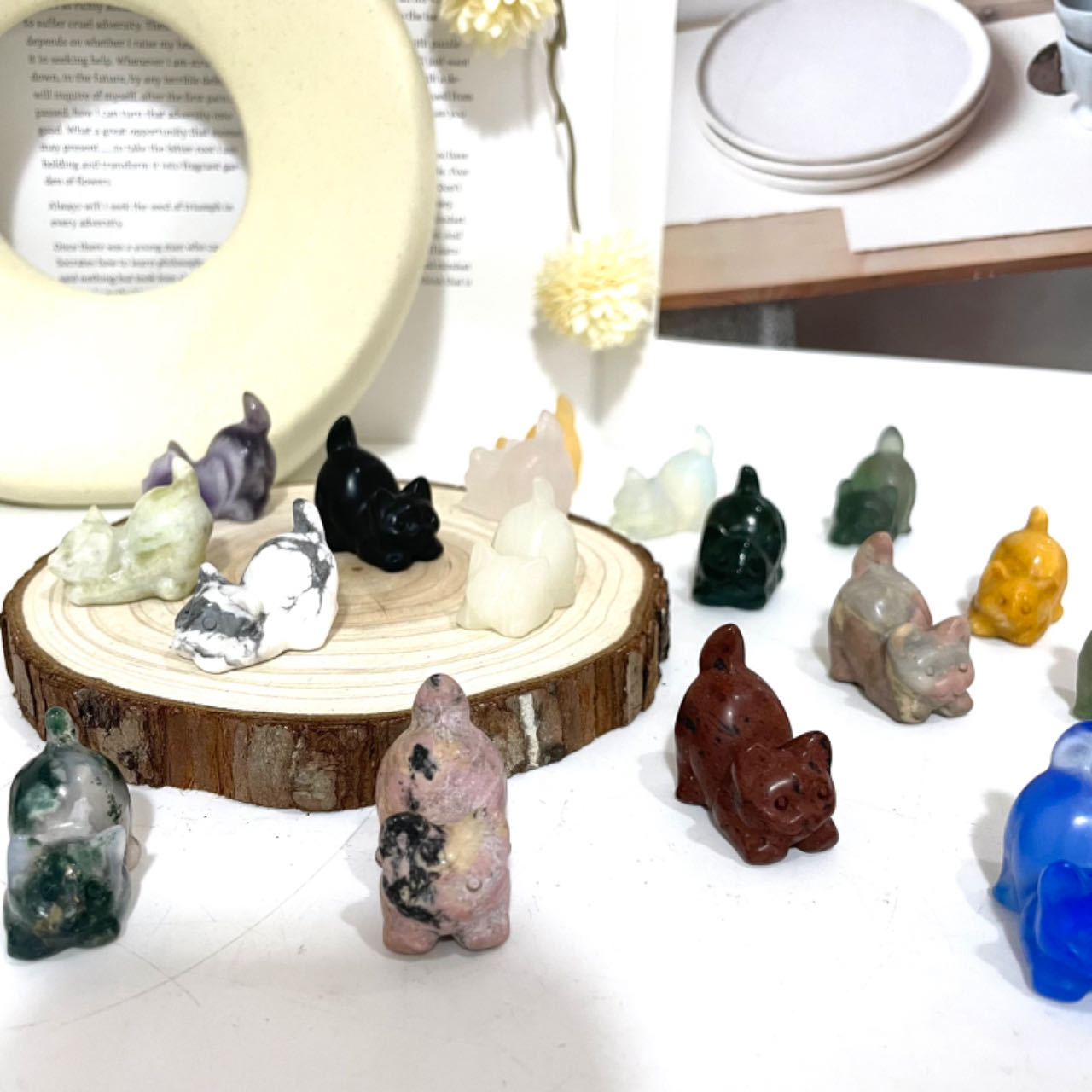 6PCS Different Maerail Small Cat Cute Cat Crystal Rose Quartz Clear Quartz Kiwi Jasper Sodalite Amethyst Opalite Unakite Healing Crystal From IG Crystal