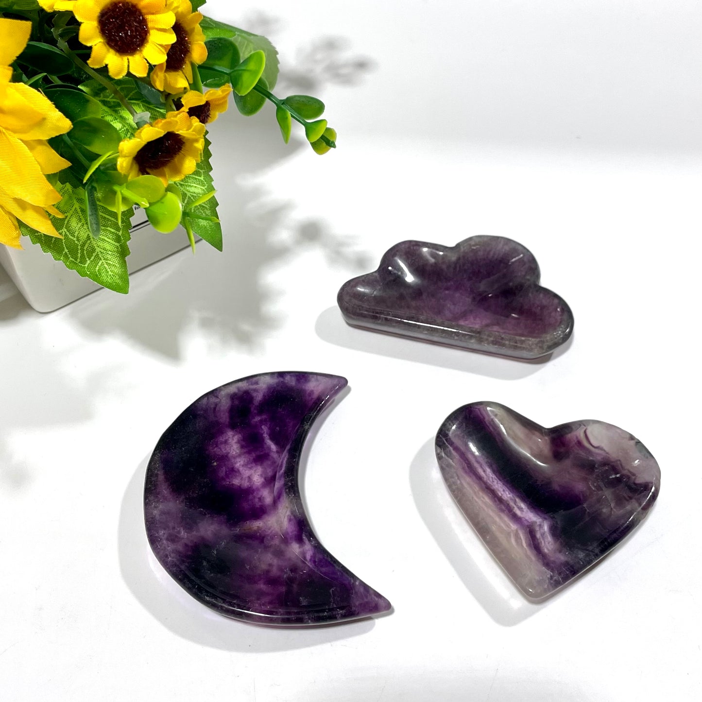 3~4 Counts Fluorite Bowl Heart Cloud Moon Cat Leaf Shape Hand Polished Gem Stone Bowls Natural Raw Crystal Decorative Dish Jewelry Storage Agate Bowl for Meditation Reiki Healing From IG Crystal
