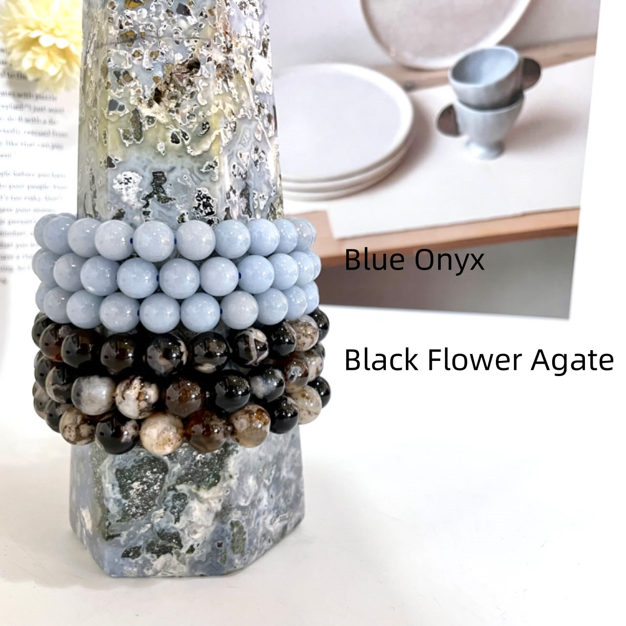 6PCS 8~10mm Crystal Bracelets Set Golden Rutile Moss Agate Sunstone Green Strawberry Quartz Blue Onyx Rose Quartz Black Moonstone Alxa Pink Flower Agate Lepidolite Black Flower Agate From IG Crystal