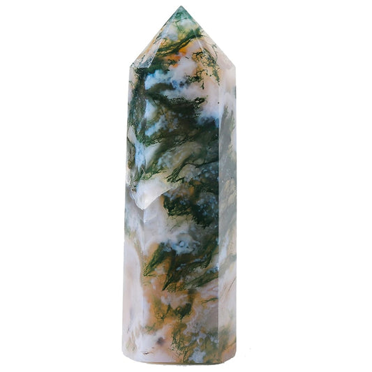 Large Moss Agate Crystal Tower Healing Crystal Wand for Spiritual Use Hexagonal Point Reiki Chakra Gemstone Home Decor From IG Crystal