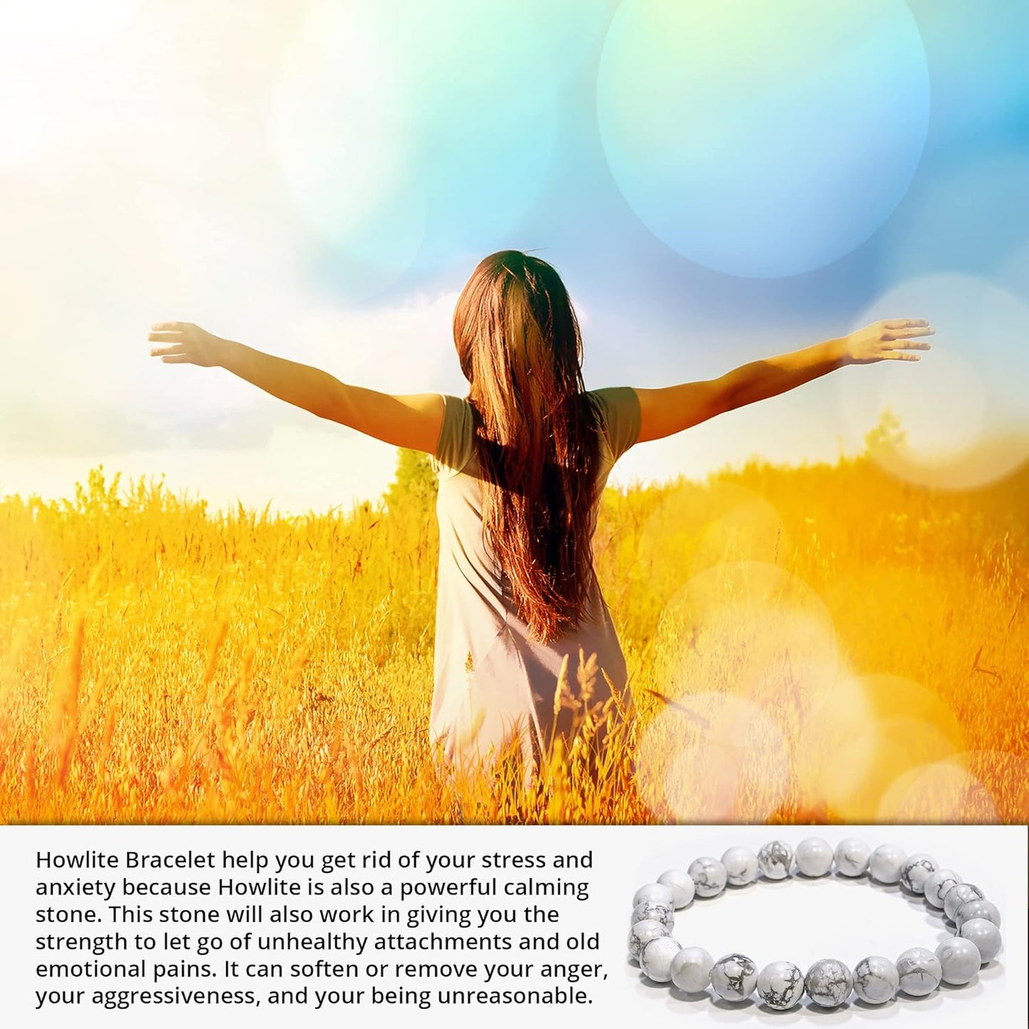 5 Counts Natural Howlite Gem Semi Precious Beads Bracelet – Healing Crystal Handmade Bracelet for Women Men and Teens Gift – 8mm Round Beaded Bracelets – Unisex Stretch Yoga Bracelet – Protection Bracelet From IG Crystal