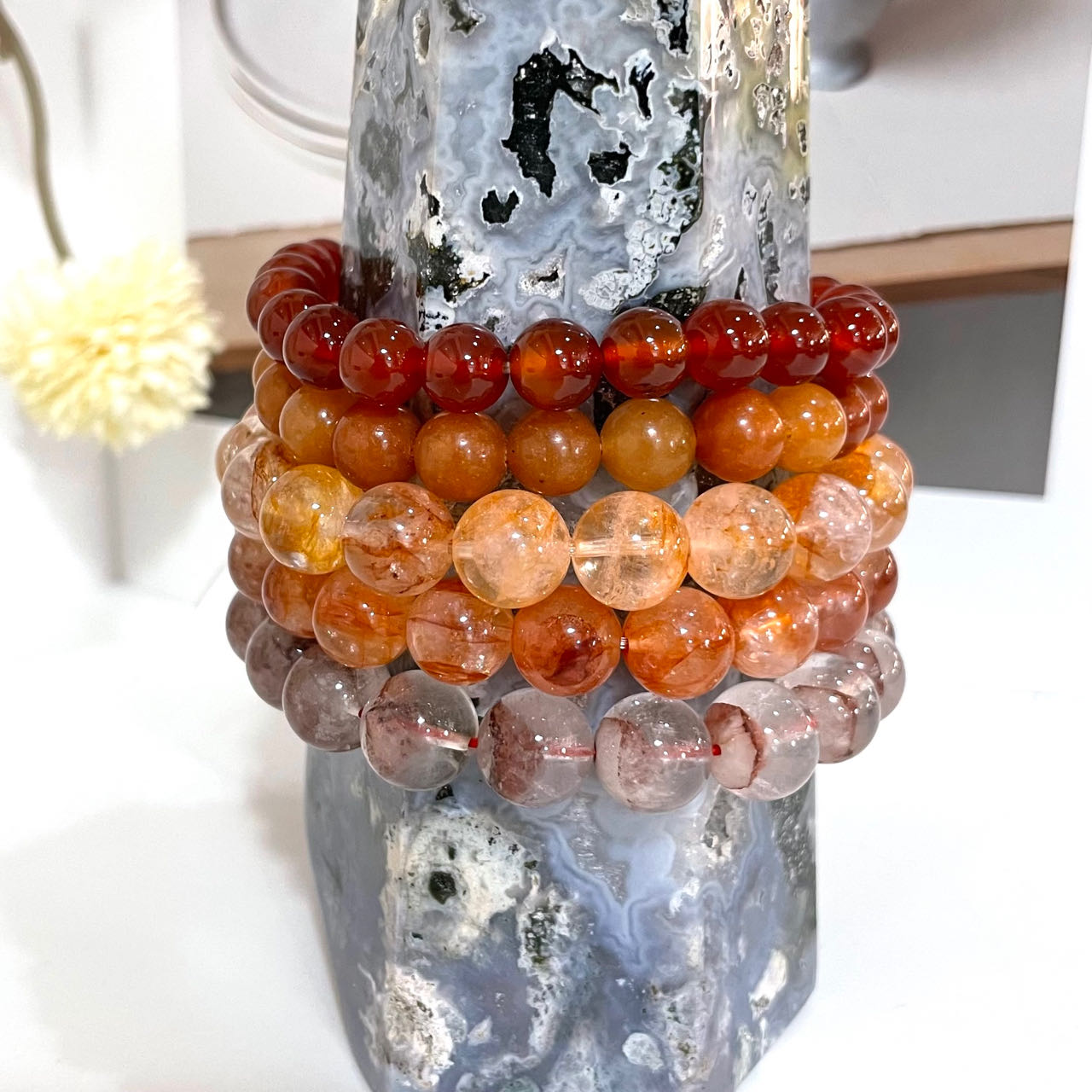 5PCS Red Crystal Bracelets Set Morganite Citrine Cooper Rutile Fire Quartz Red Pyramid From IG Crystal