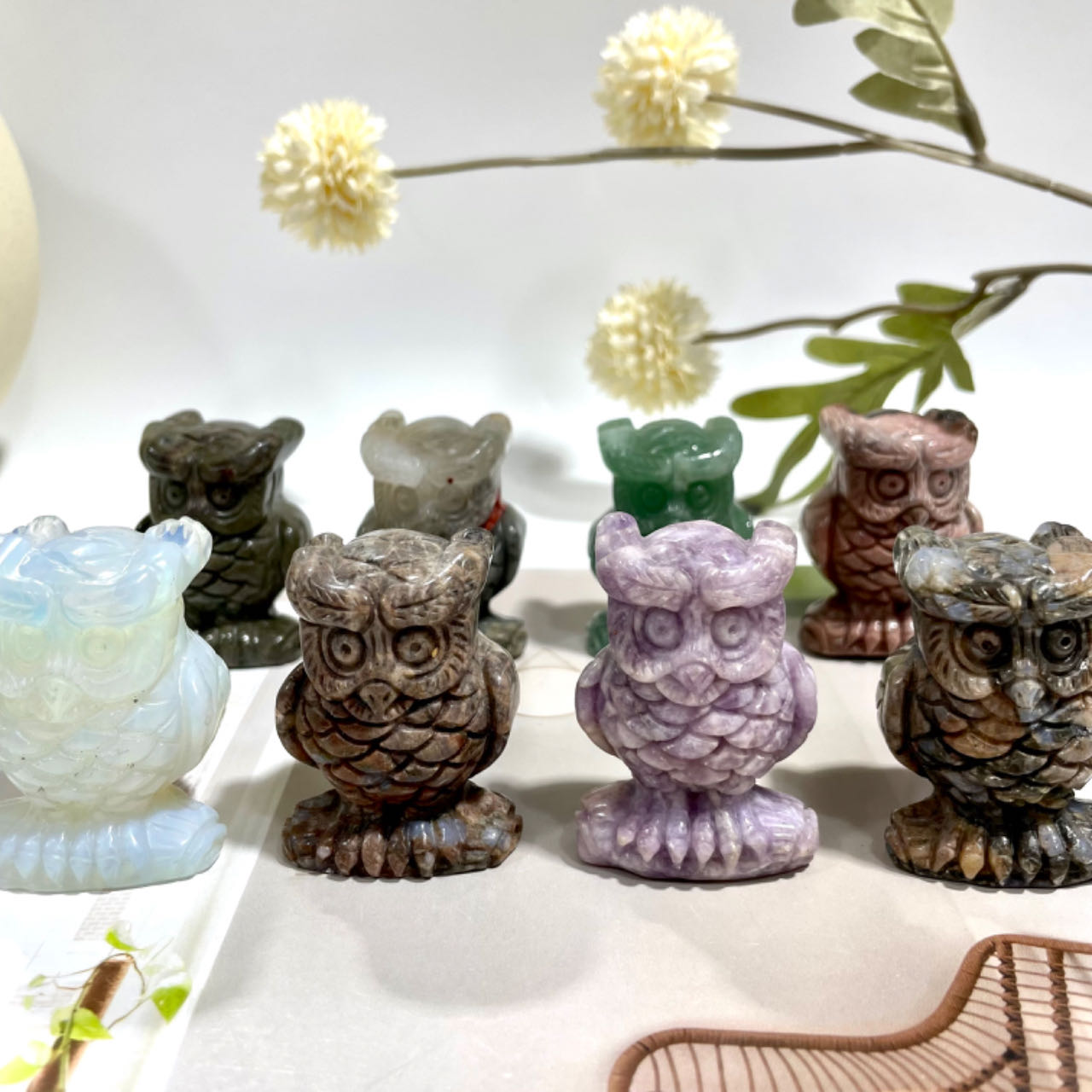 4 Counts  Mix 2 Inch Crystal Carvings Owl Different Stone From IG Crystal