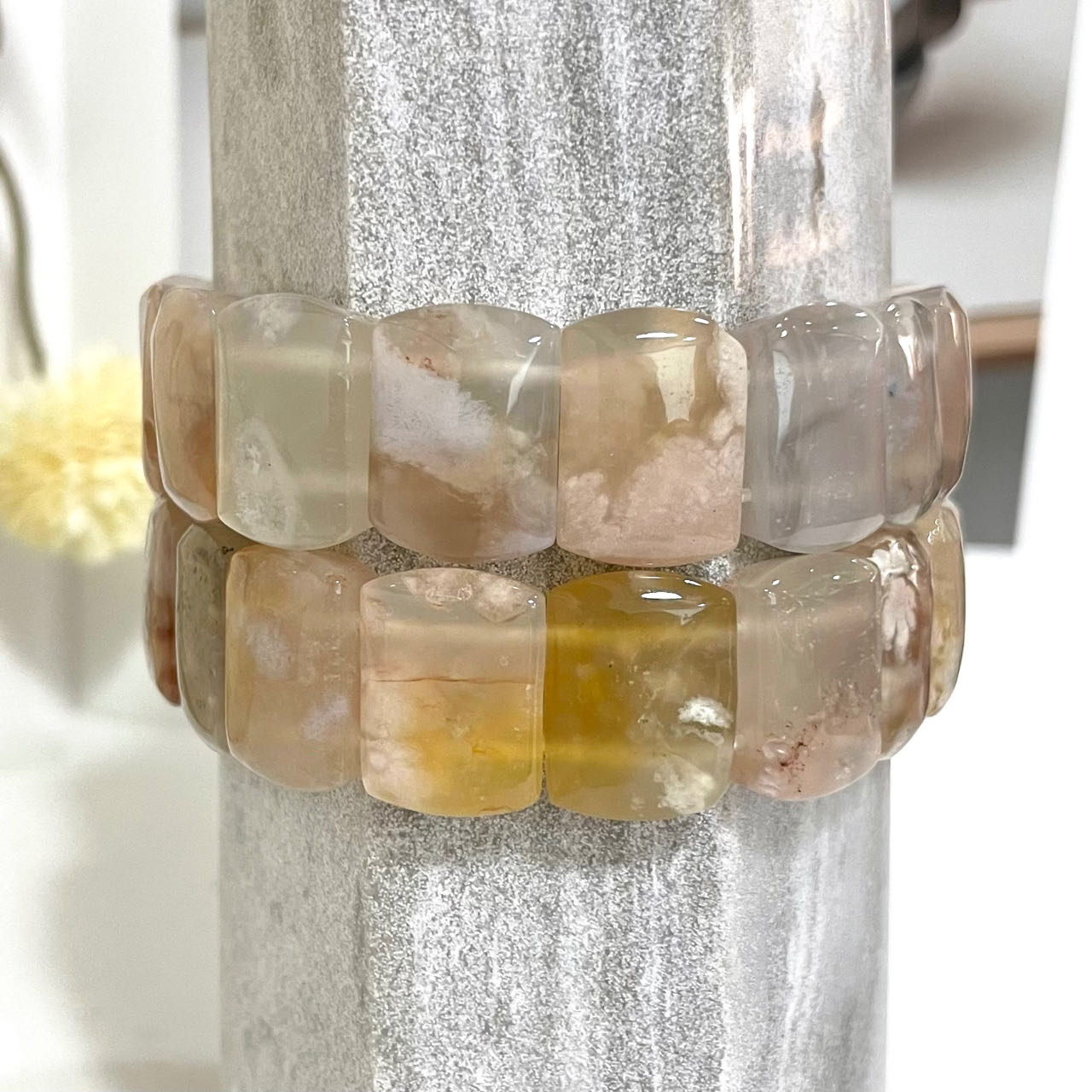 2PCS Set Square Crystal Bracelets Black Flower Agate Pink Flower Agate Green Flower Agate Fire Quartz Yellow Tiger Eyes Amethyst Healing Stone From IG Crystal