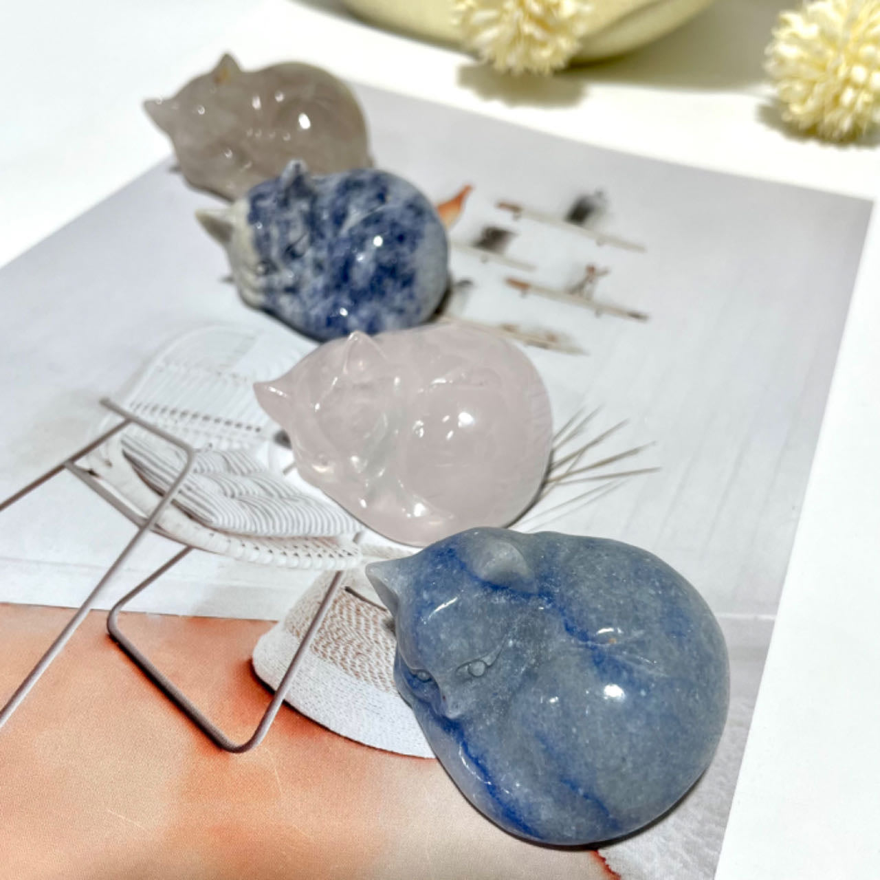 3 Counts Sleeping Cat Crystal Clear Quartz Rose Quartz Blue Aventurine Healing Crystal Home Decoration From IG Crystal