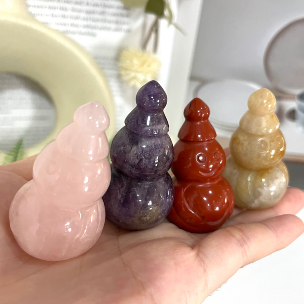 Different Maerail Snowman Crystal Stochastic 5PCS Rose Quartz Clear Quartz Black Obsidian Kiwi Jasper Red Jasper Yellow Jade Sodalite Amethyst Healing Crystal From IG Crystal