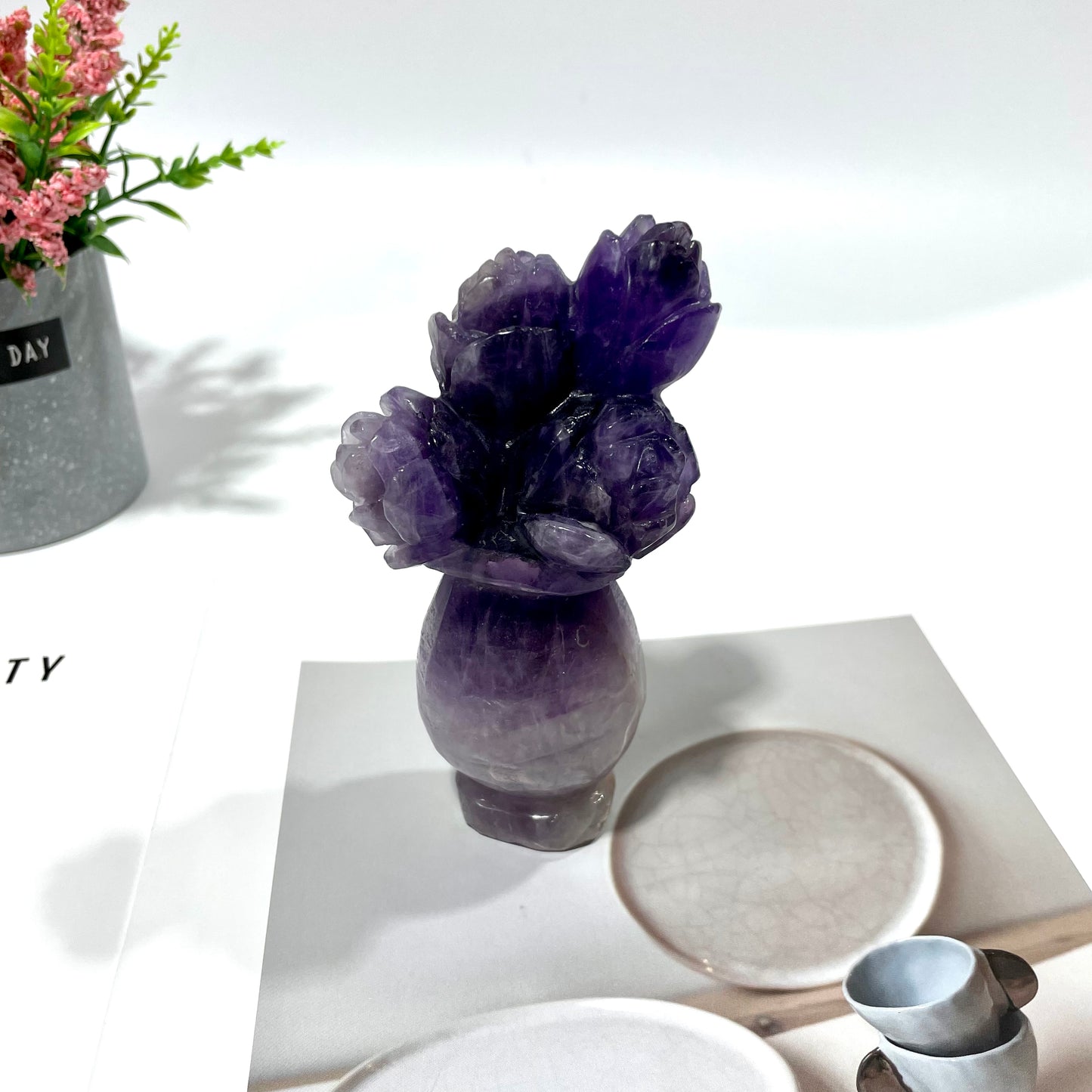 1 Count Amethyst Vase Flower Crystal Carving Healing Stones Natural Stone Chakra Balancing Reiki Home Office Decor From IG Crystal