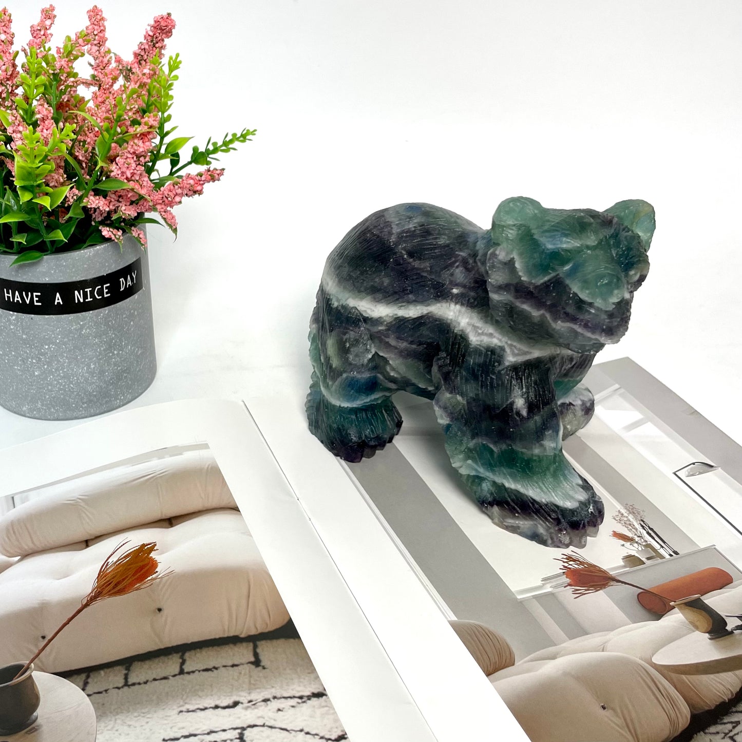 1 Count Big Fluorite Bear Crystal Carving Healing Stones Natural Stone Chakra Balancing Reiki Home Office Decor From IG Crystal