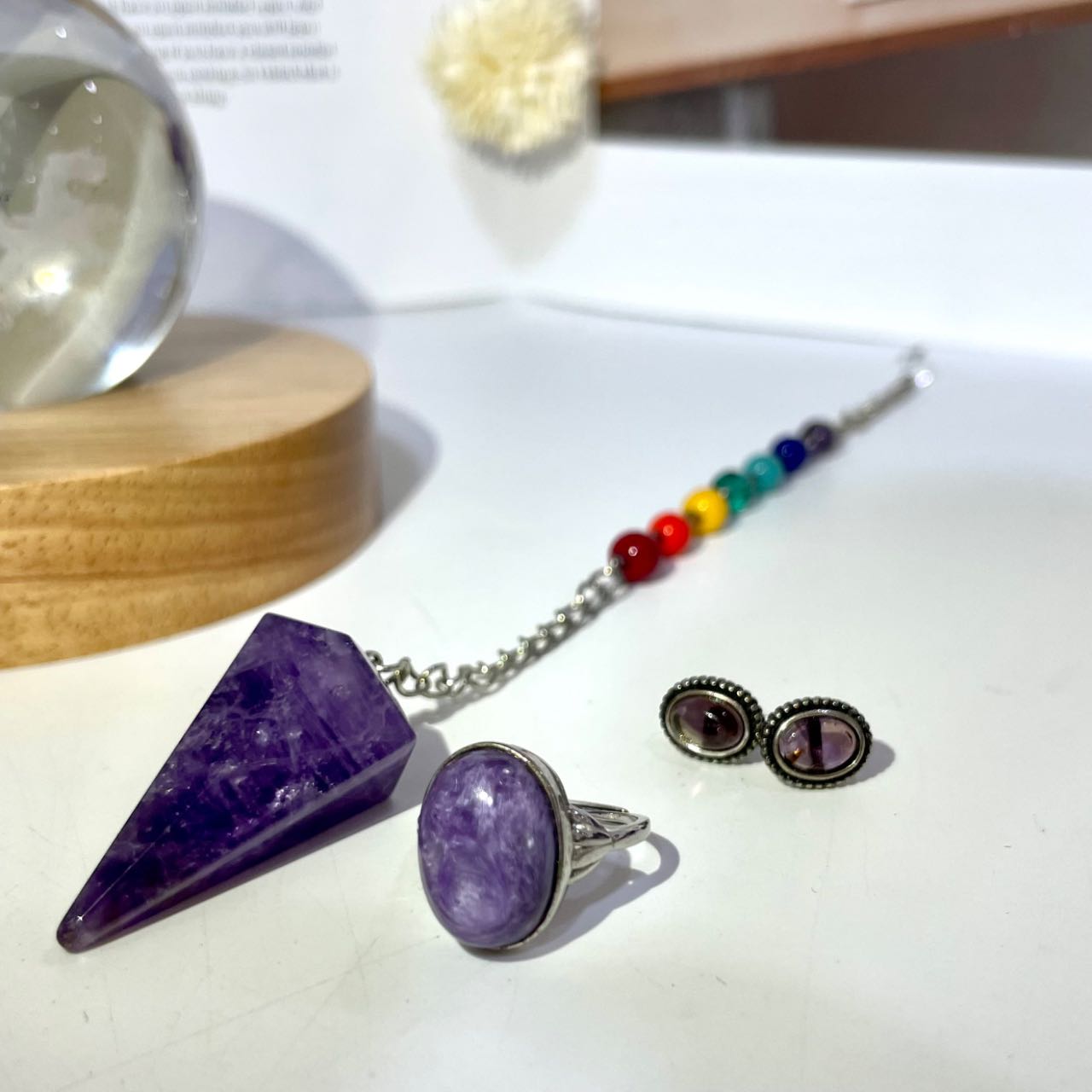 Crystal Necklace Ring Earrings Set Amethyst Clear Quartz Rose Quartz Charoite From IG Crystal