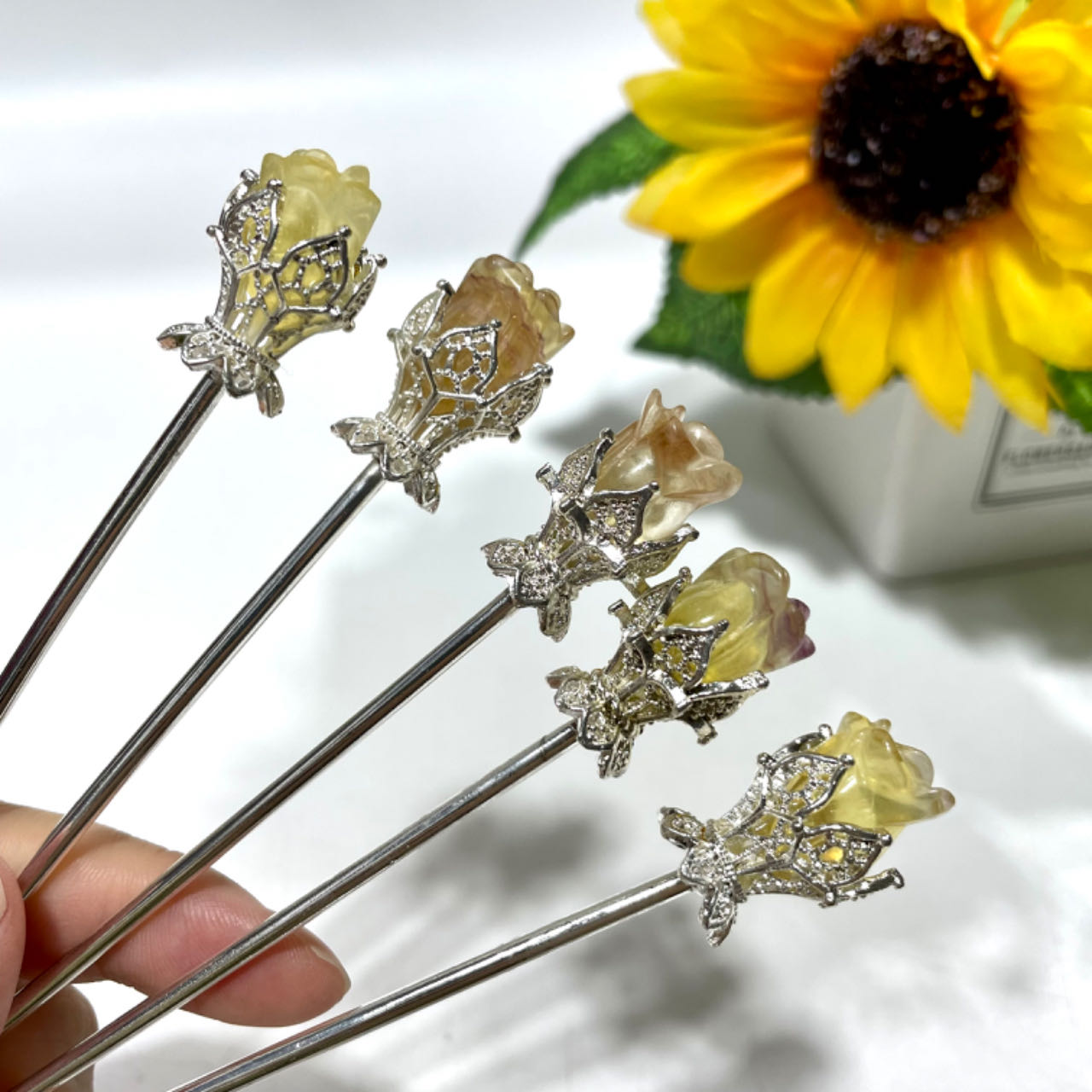 6 Counts 14CM Fluorite Flower Hairpins Silver Metal Hair Sticks Pins Chinese Hanfu Asian Flower Hair Chopsticks Hair Bun Updo Holders Long Hairpins for Women Girls From IG Crystal