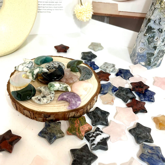 12PCS Different Maerail 3cm Moon & Star Crystal Set Tiger Eyes Pink Opal Green Flourite Yellow Flourite Clear Quartz Citrine Dream  Amethyst Sodalite Rose Quartz From IG Crystal