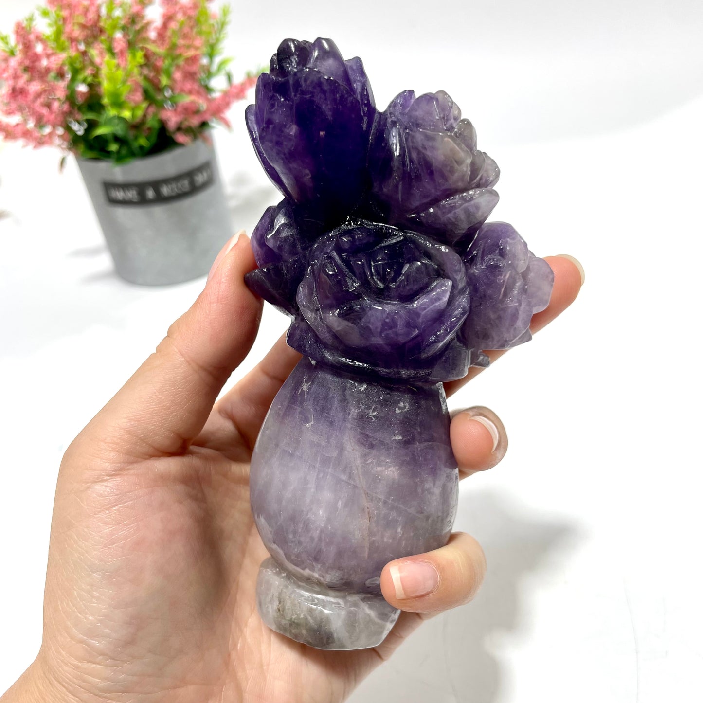 1 Count Amethyst Vase Flower Crystal Carving Healing Stones Natural Stone Chakra Balancing Reiki Home Office Decor From IG Crystal