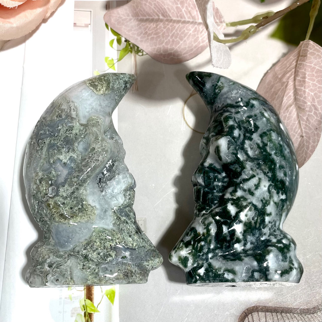 1~2 Counts Moss Agate Moon Face Crystal Healing Stone Home Decoration From IG Crystal