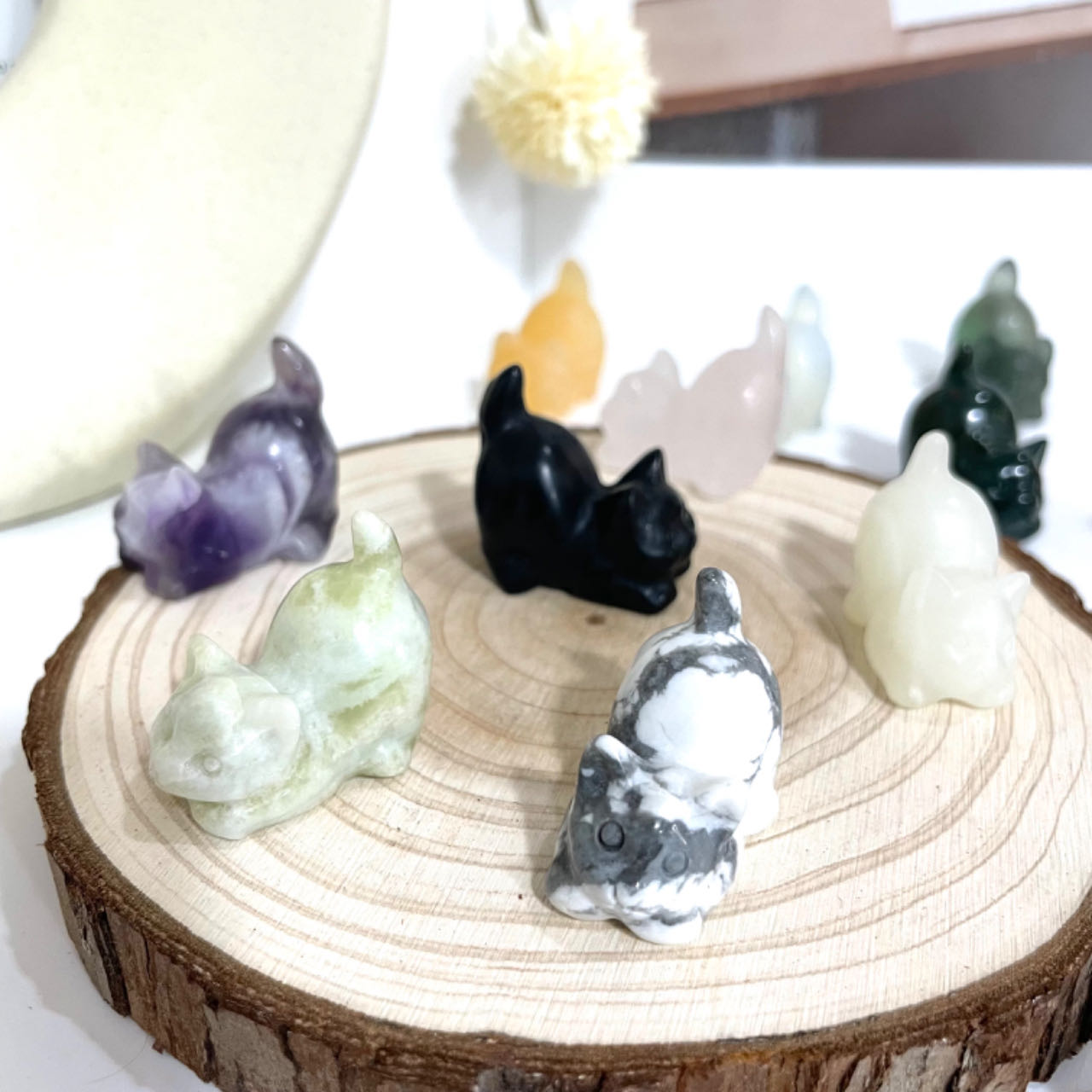 6PCS Different Maerail Small Cat Cute Cat Crystal Rose Quartz Clear Quartz Kiwi Jasper Sodalite Amethyst Opalite Unakite Healing Crystal From IG Crystal