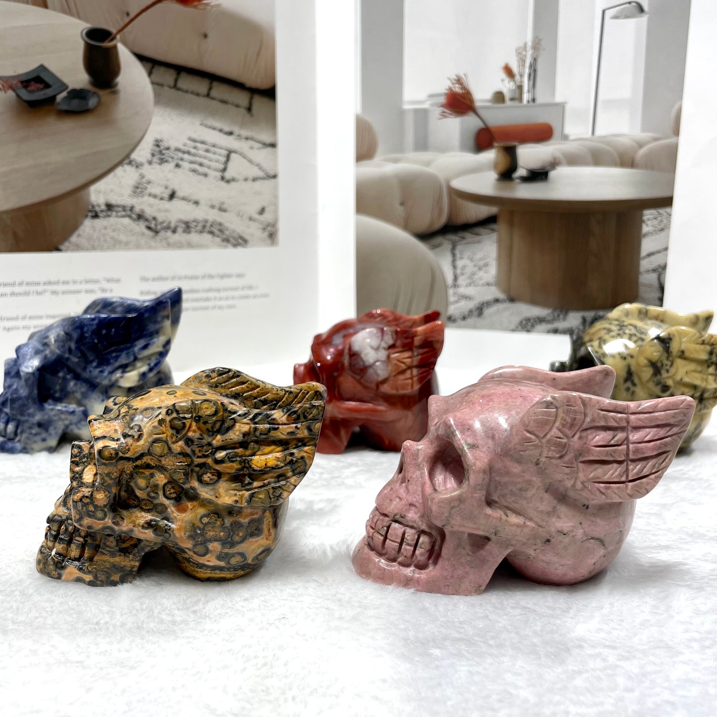 1 Count Different Materials Skull With Wings Crystal Carvings Sodalite Red Jasper Floriated Jasper Leopard Skin Jasper Rohdnite Healing Stones Natural Stone Chakra Balancing Reiki Home Office Decor From IG Crystal