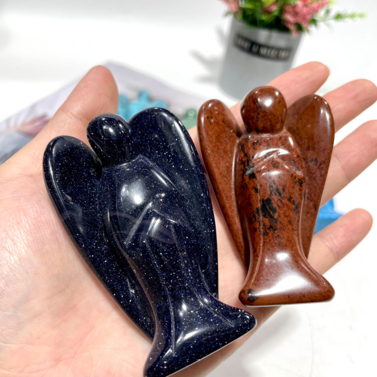 2 Counts Defferent Materials Angel Crystal 3 Inches Green Aventurine Fluorite Red Jasper Blue Aventurine Natural Gemstone Semi Precious Healing Crystals Enhance Positive Energy Home Decoration From IG Crystal
