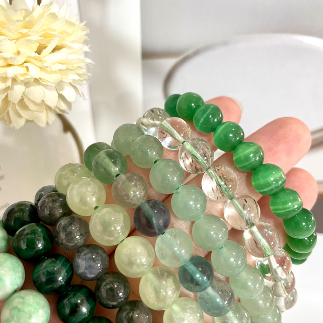 8PCS Green Crystal Bracelets Set  Cat Eyes Stone Green Rutile Strawberry Quartz Rainbow Flourite Prehnite Moss Agate Malachite Lasionite From IG Crystal