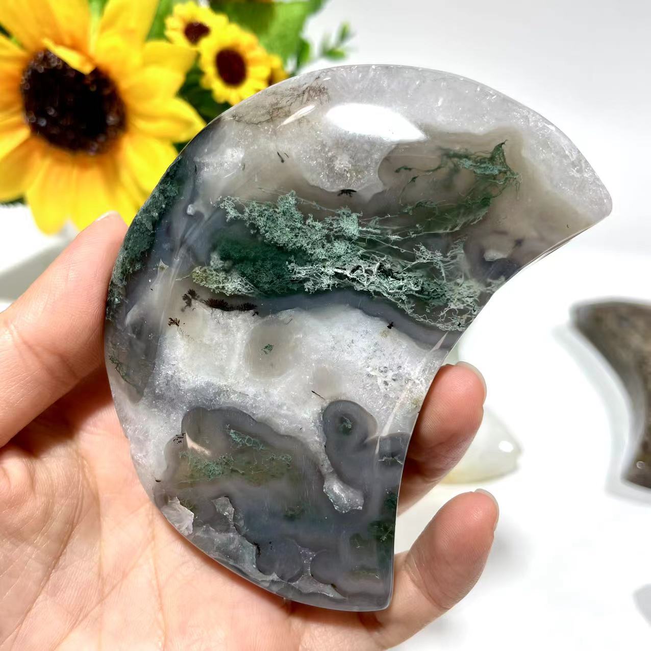 Moss Agate Moon Shape Crystal Natural Stone Gem Mining Chakra Balancing Reiki Healing Crystal Mystery Crystal Display Crystal Shopping Online Home Office Decor From IG Crystal