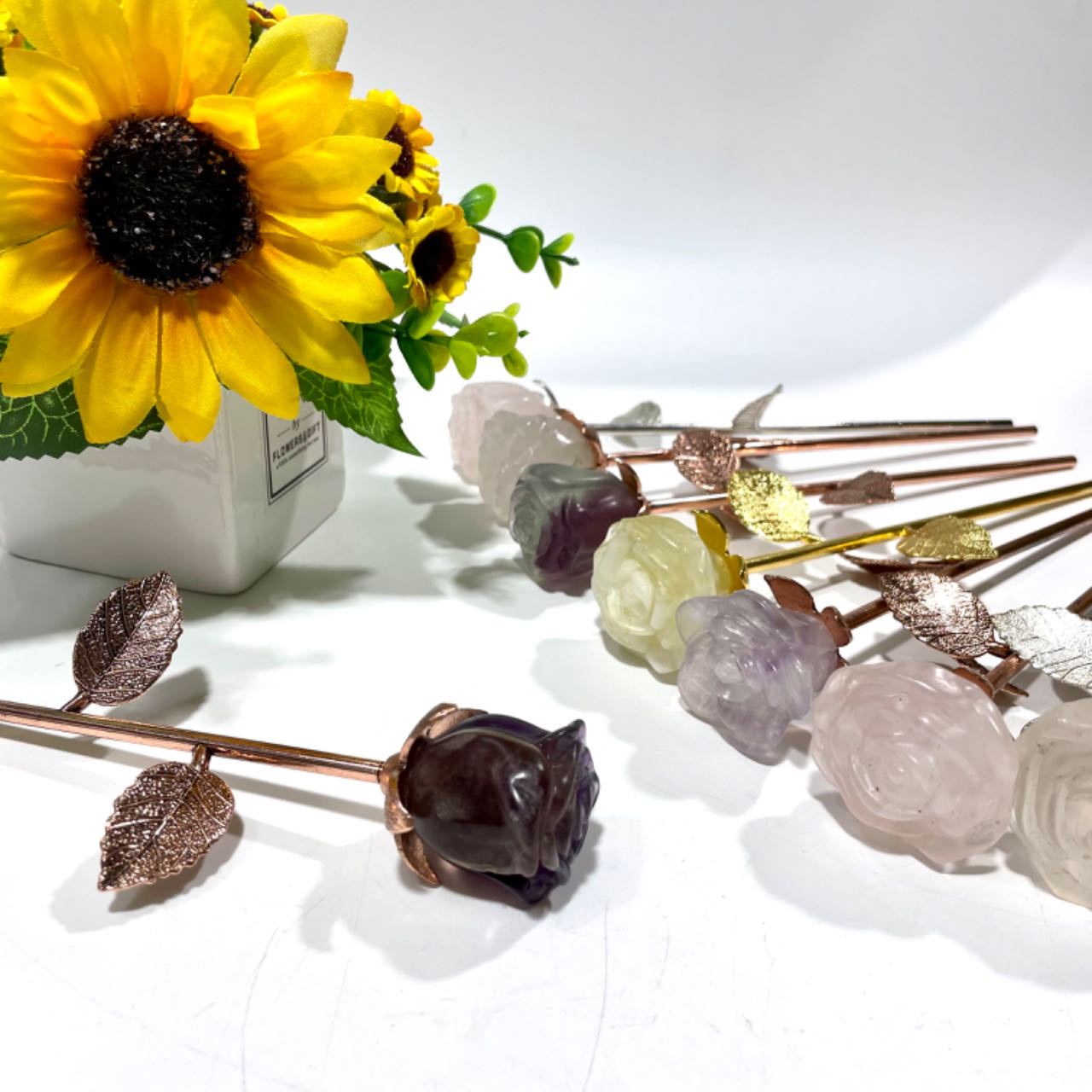 3 Counts Fluorite Rose Crystal With Golden Silvery Leaves Healing Crystal Gem Reiki Healing Home Decor Crystal Jewelry Shop Pretty Crystals From IG Crystal