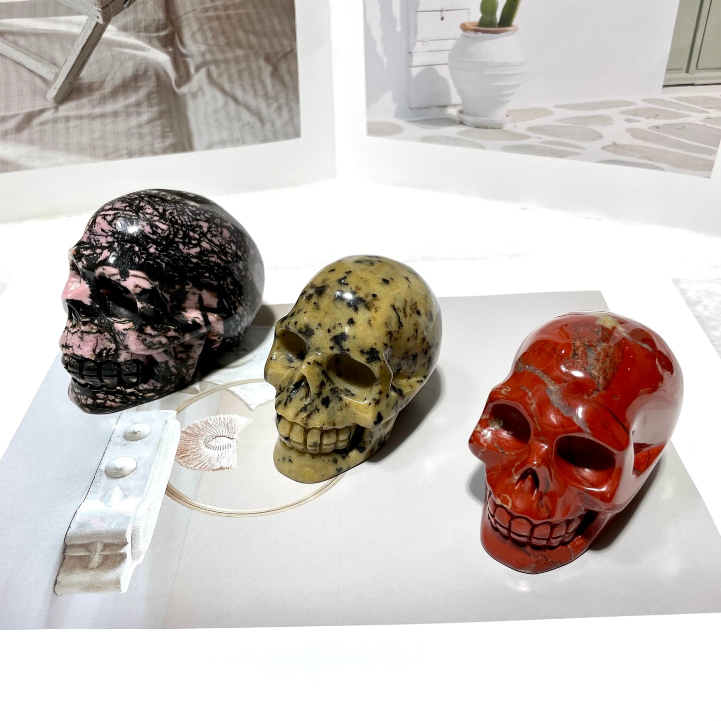 1 Count Different Materials Skull Crystal Carving Unakite Leopard Skin Jasper Purple/Blue Aventurine White Turquoise Red Jasper Sodalite Carribean Calcit Rohdnite Floriated Jasper Home Office Decor From IG Crystal