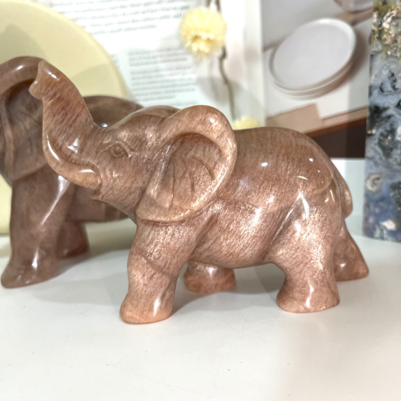 Hand-Carved Natural Orange Moonstone Elephant Crystal Statue From IG Crystal