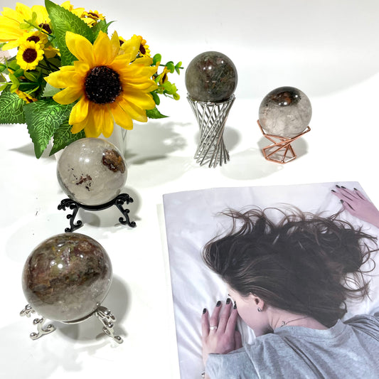 60mm Dreen Phantom Quartz Ghost Phantom Quartz Ball With Stand Set Sphere Decorative Ball Meditation Witchcraft Healing Stone Home Decoration From IG Crystal
