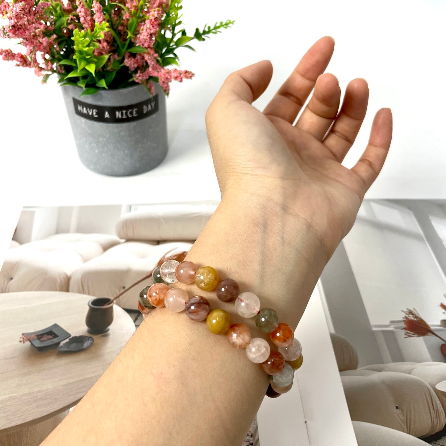 3 Counts Colourful Rabbit Hair Crystal Bracelets 9mm Natural Crystals Healing Crystals Bracelet for Women and Men Teens Crystal Jewelry Shop Pretty Crystals From IG Crystal