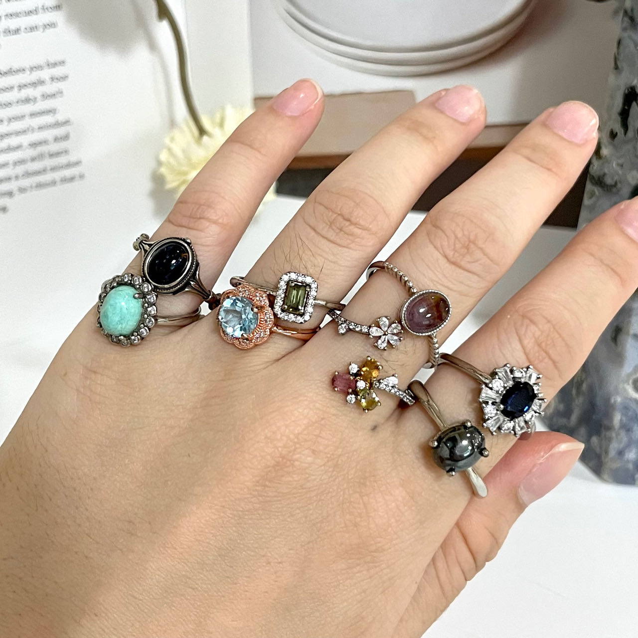 Stochastic 2PCS Rings Citrine Green Rutile Clear Quartz Rose Quartz Prehnite Ocean Jasper Larimar Amazonite Peridot Amethyst From IG Crystal