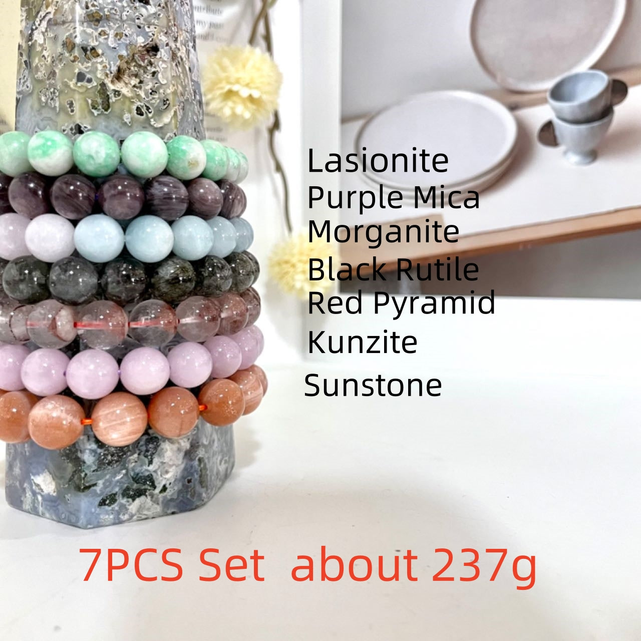 2 / 7PCS Crystal Bracelets Set Lasionite Purple Mica Morganite Black Rutile  Red Pyramid Kunzite Sunstone From IG Crystal