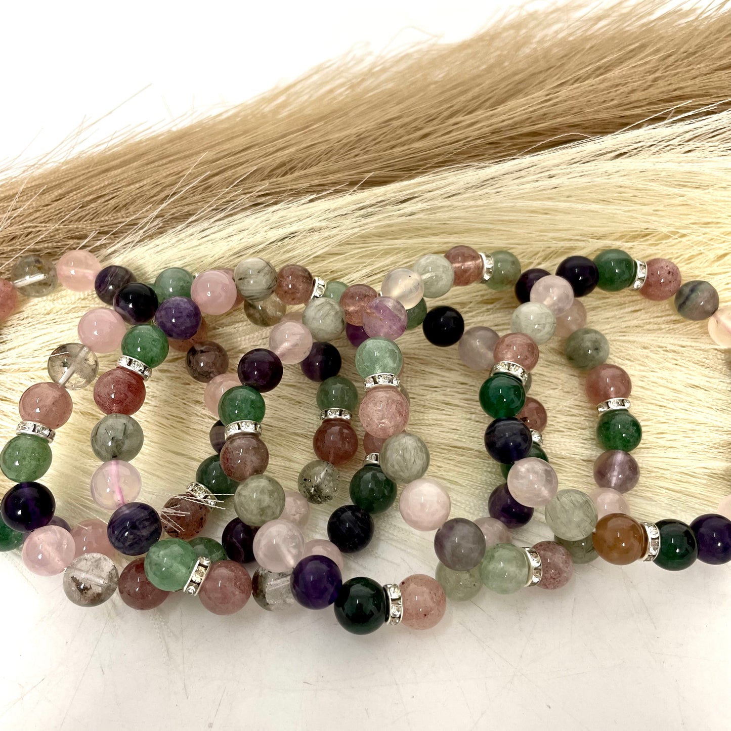 3 Counts Crystal Bracelets 9~10mm Amethyst Rose Quartz Rutile Strawberry Quartz Fluorite Natural Crystals Healing Crystals Bracelet for Women and Men Teens Crystal Jewelry Shop Pretty Crystals From IG Crystal
