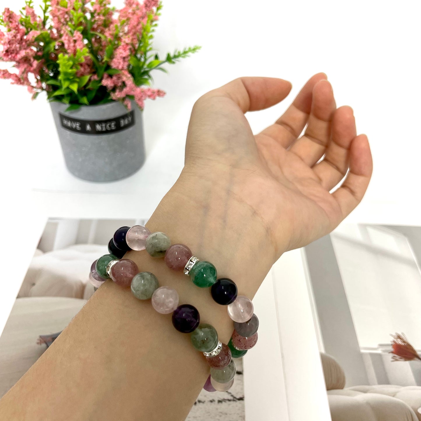 3 Counts Crystal Bracelets 9~10mm Amethyst Rose Quartz Rutile Strawberry Quartz Fluorite Natural Crystals Healing Crystals Bracelet for Women and Men Teens Crystal Jewelry Shop Pretty Crystals From IG Crystal