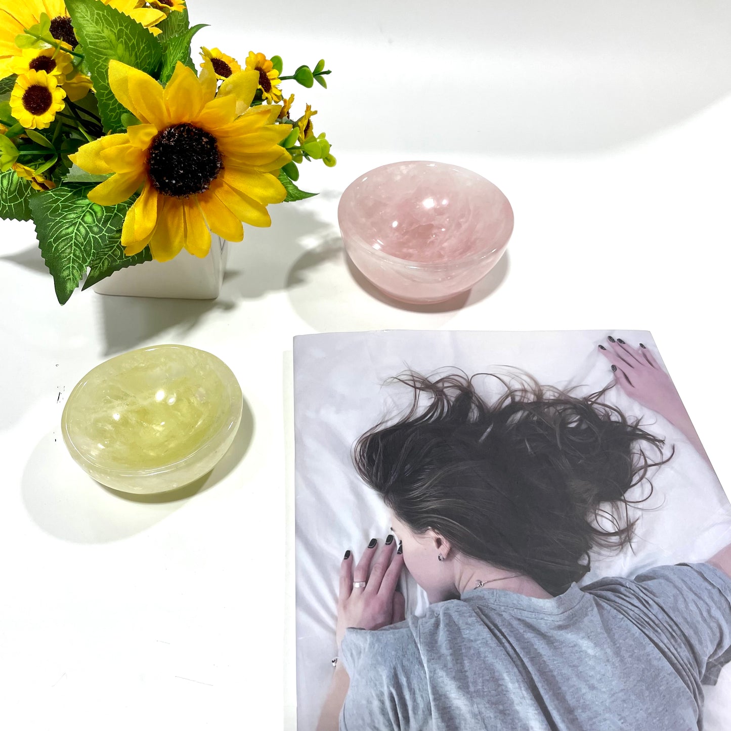 Rose Quartz Citrine Bowl Hand Polished Gem Stone Bowls Natural Raw Crystal Decorative Dish Jewelry Storage Agate Bowl for Meditation Reiki Healing From IG Crystal