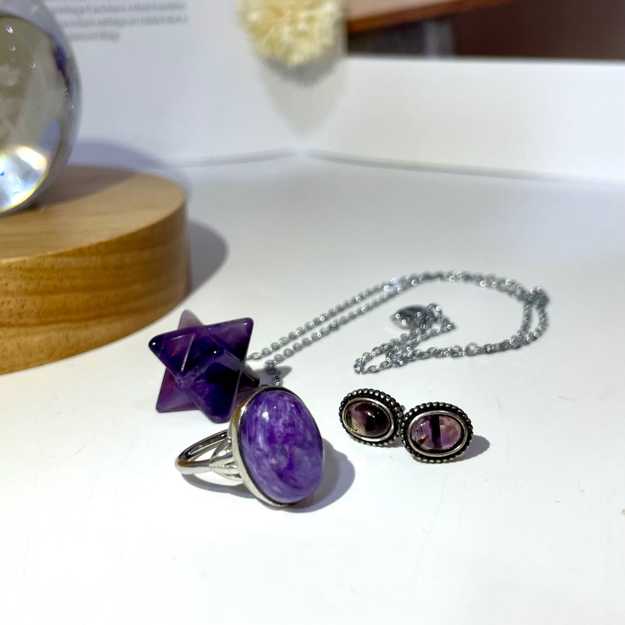 Crystal Necklace Ring Earrings Set Amethyst Clear Quartz Rose Quartz Charoite From IG Crystal