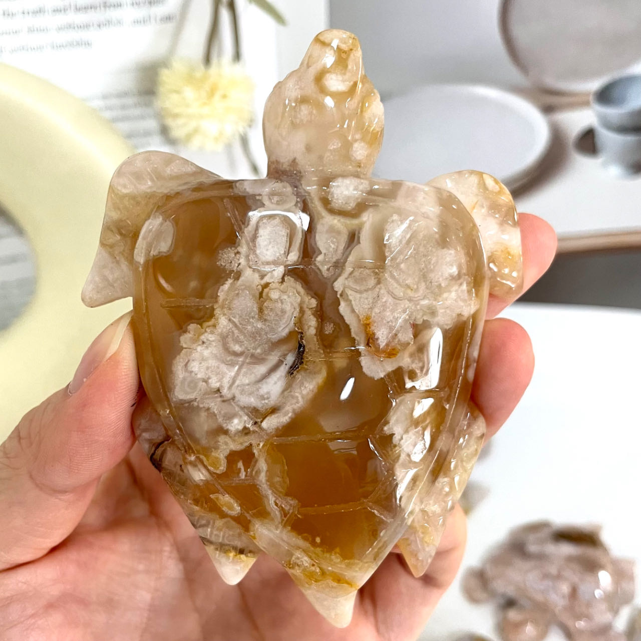 2PCS Pink Flower Agate Tortoise Crystal about 300g Healing Stone Home Decoration From IG Crystal