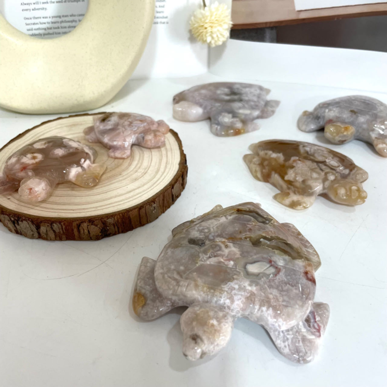 2PCS Pink Flower Agate Tortoise Crystal about 300g Healing Stone Home Decoration From IG Crystal