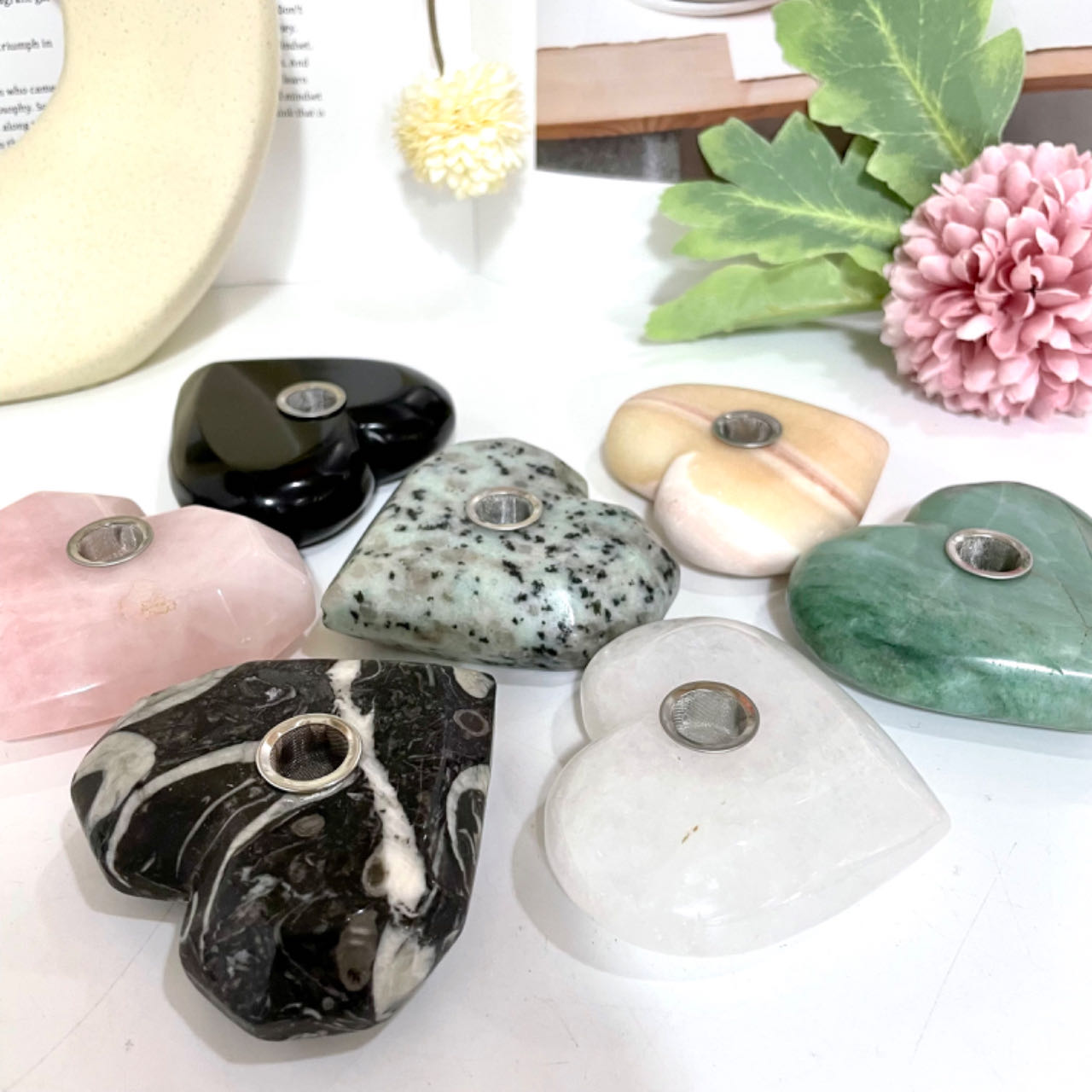 Different Maerail Heart Shape Pipe Stochastic 2PCS Rose Quartz Clear Quartz Black Obsidian Green Aventurine Kiwi Jasper From IG Crystal