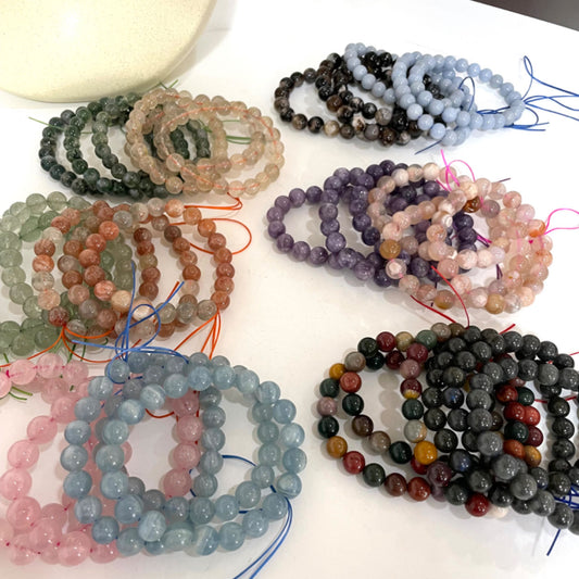 6PCS 8~10mm Crystal Bracelets Set Golden Rutile Moss Agate Sunstone Green Strawberry Quartz Blue Onyx Rose Quartz Black Moonstone Alxa Pink Flower Agate Lepidolite Black Flower Agate From IG Crystal