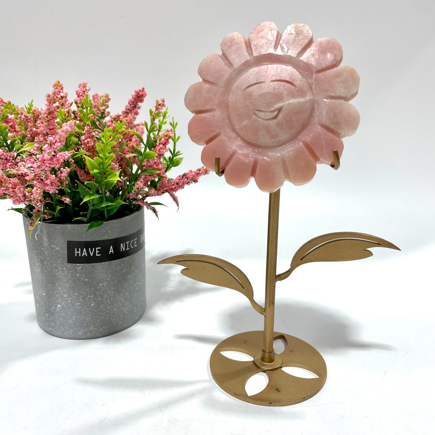 1 Count Pink Opal Smile Sunflower Crystal Carving Desk Decoration With Stand Natural Stone Gem Mining Chakra Balancing Reiki Healing Crystal Mystery Crystal Display Crystal Shopping Online Home Office Decor From IG Crystal