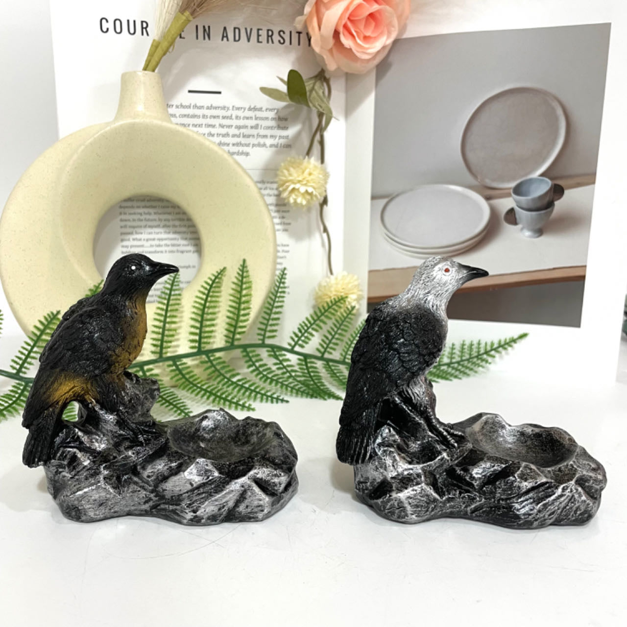2PCS Crow Stand Black Silver Healing Stone Home Decoration For Crystal Ball From IG Crystal