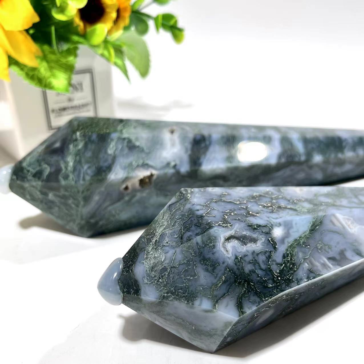 Moss Agate Crystal Wand Natural Stone Gem Mining Chakra Balancing Reiki Healing Crystal Mystery Crystal Display Crystal Shopping Online Home Office Decor From IG Crystal
